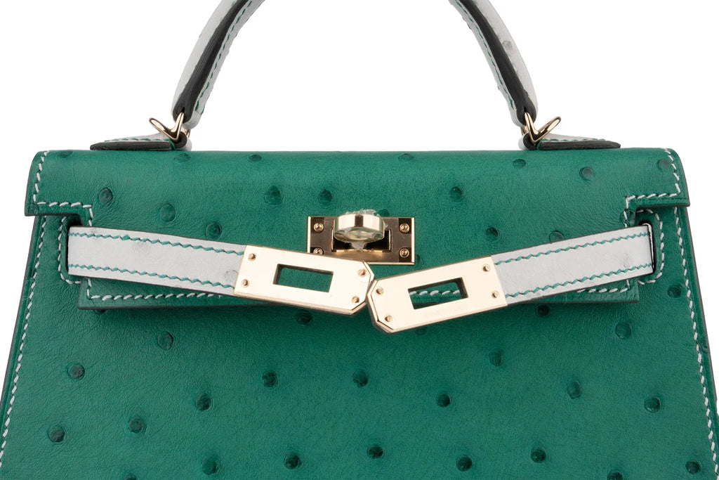 Hermès Mini Kelly Ostrich Vert Vertigo / Gris Perle PBHW
