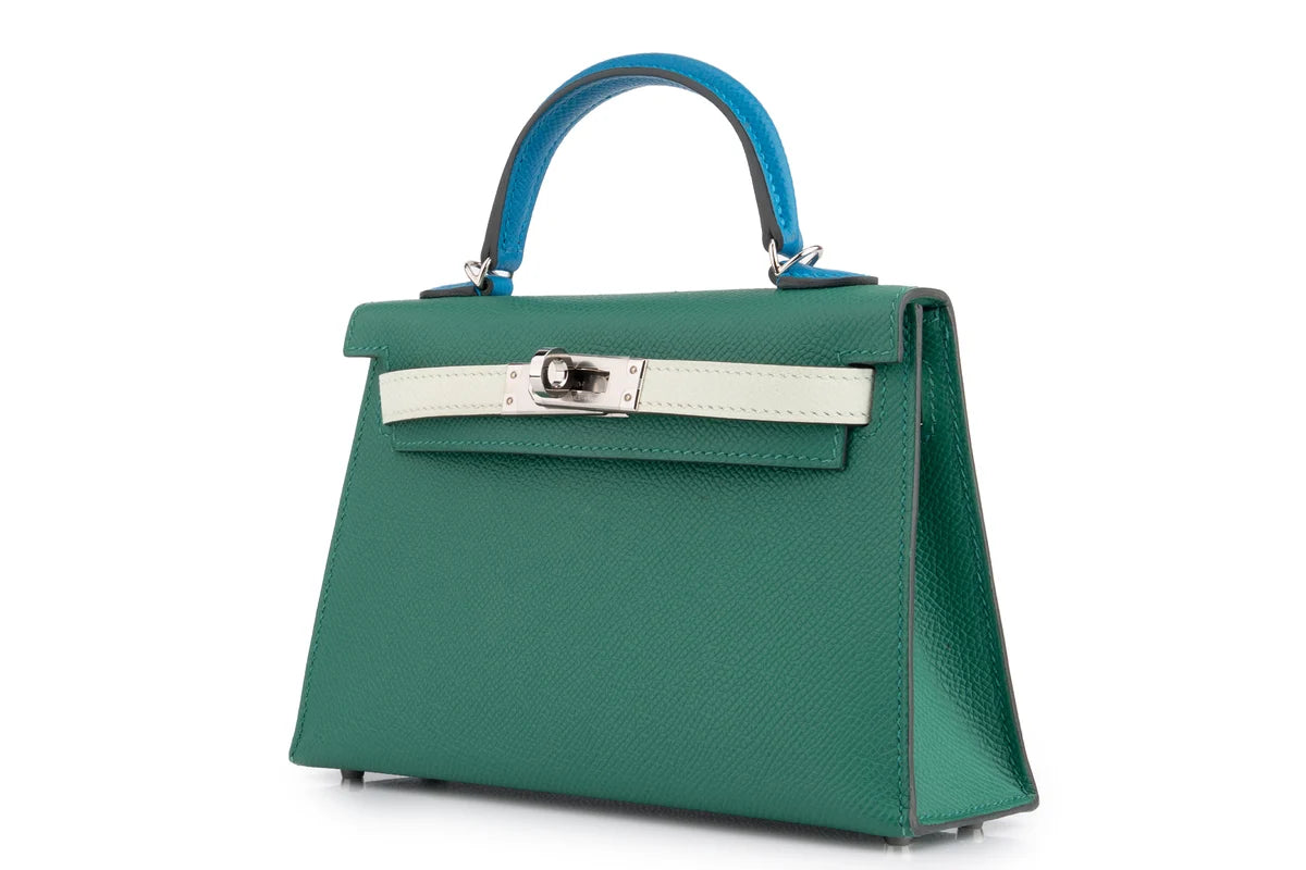 Hermès Mini Kelly Epsom Tri Colour Vert Vertigo / Vert Fizz / Bleu Frida PHW