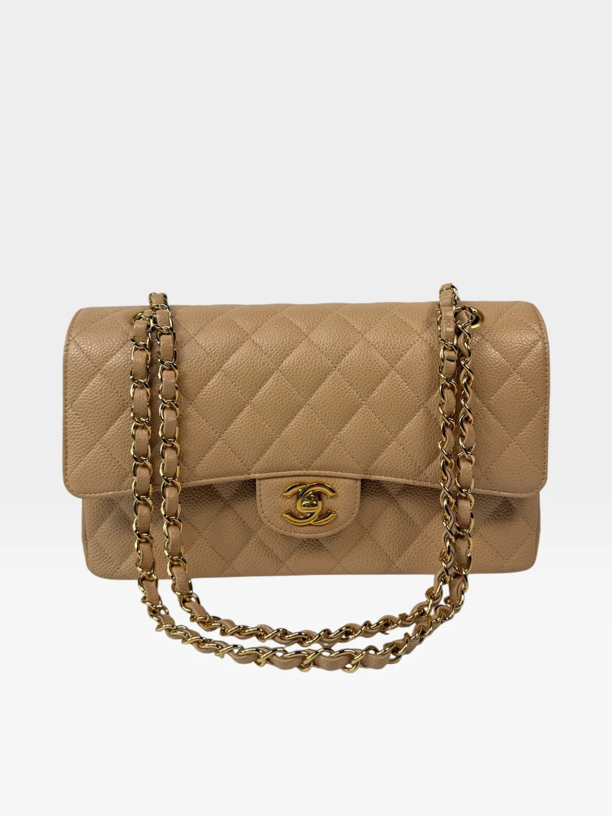 CHANEL MEDIUM CLASSIC FLAP IN BEIGE CAVIAR LEATHER WITH GOLD HARDWARE