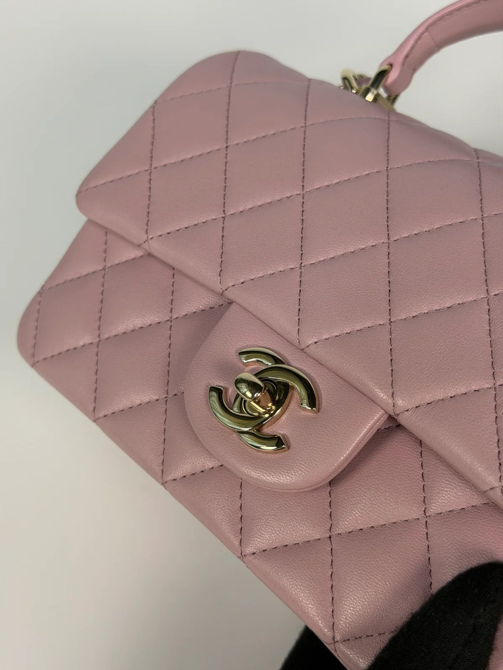 CHANEL MINI RECTANGLE TOP HANDLE IN PINK LAMBSKIN LEATHER WITH PALE GOLD HARDWARE