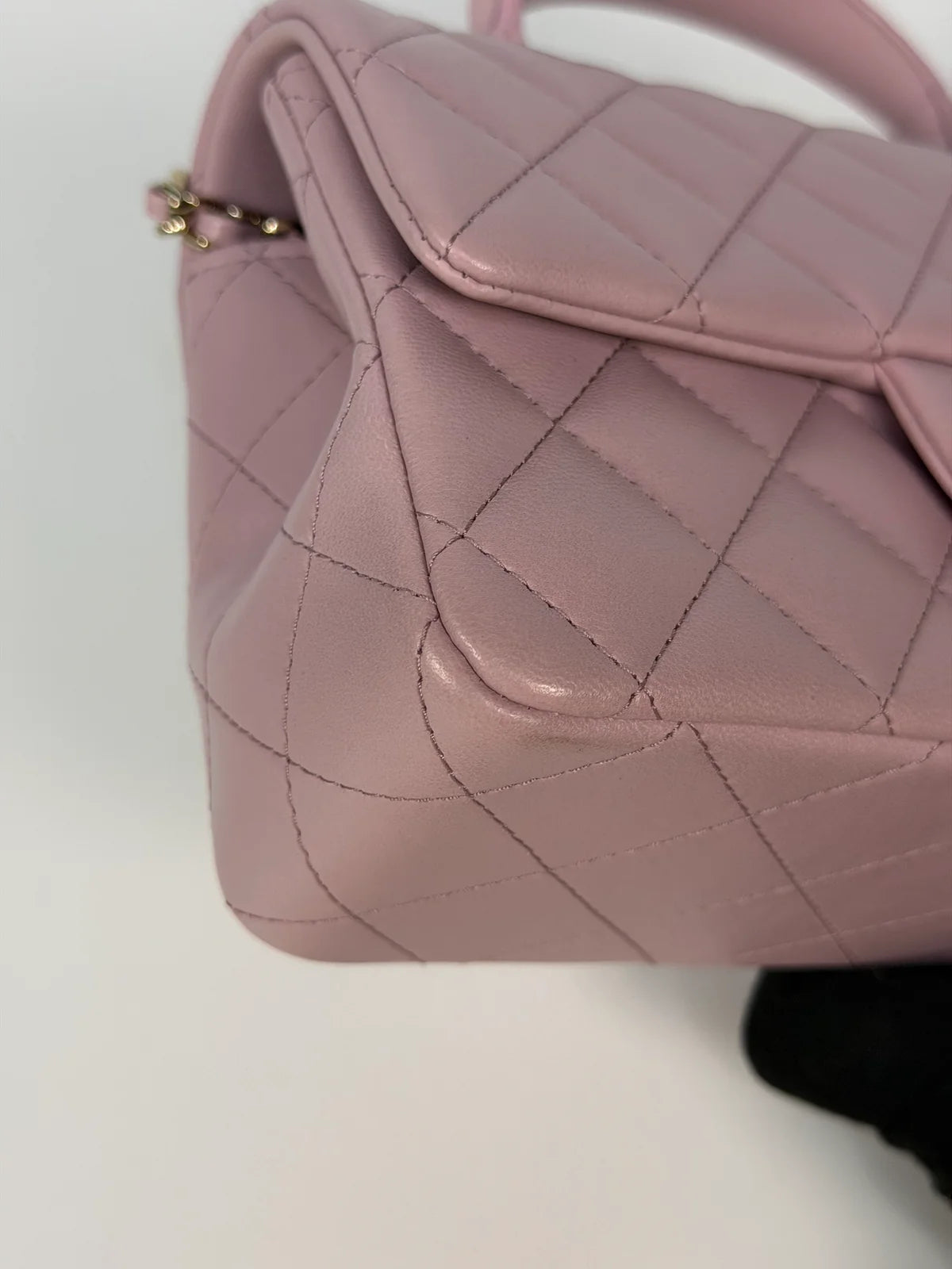 CHANEL MINI RECTANGLE TOP HANDLE IN PINK LAMBSKIN LEATHER WITH PALE GOLD HARDWARE