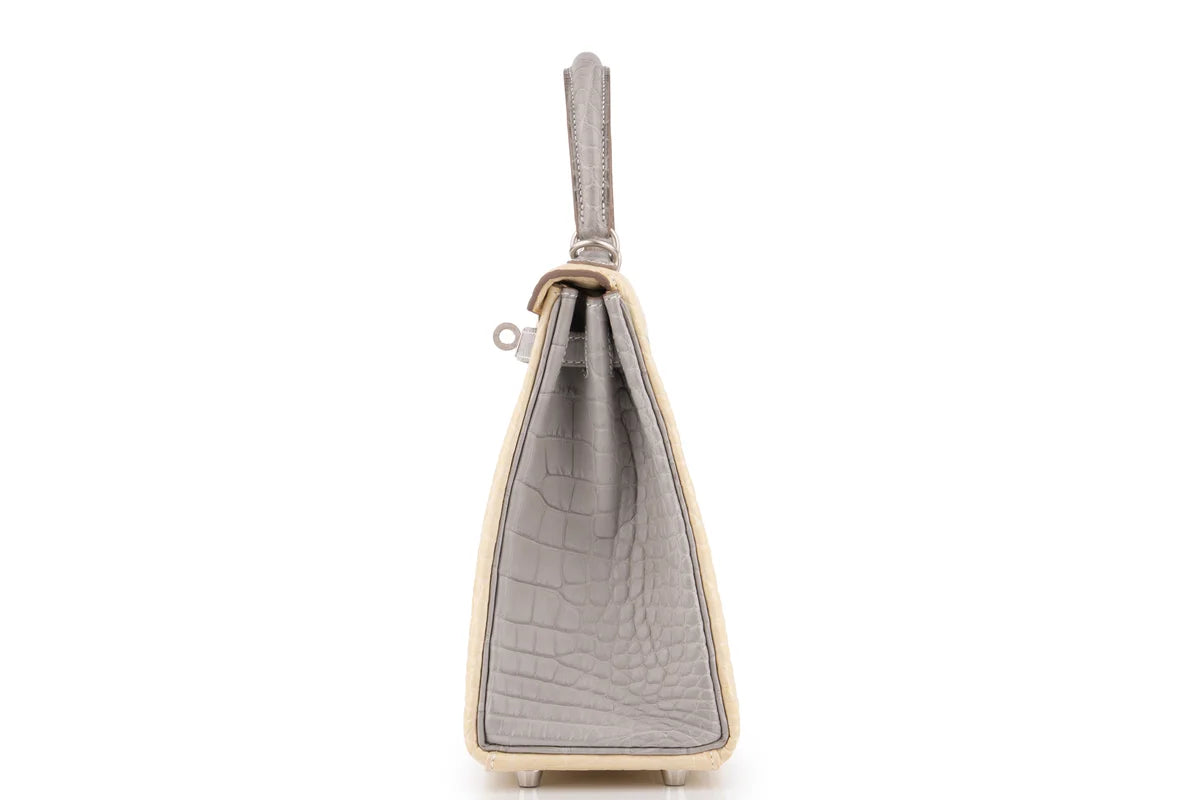 Hermès Kelly 25 Retourne Matt Alligator Missi Vanille / Gris BPHW
