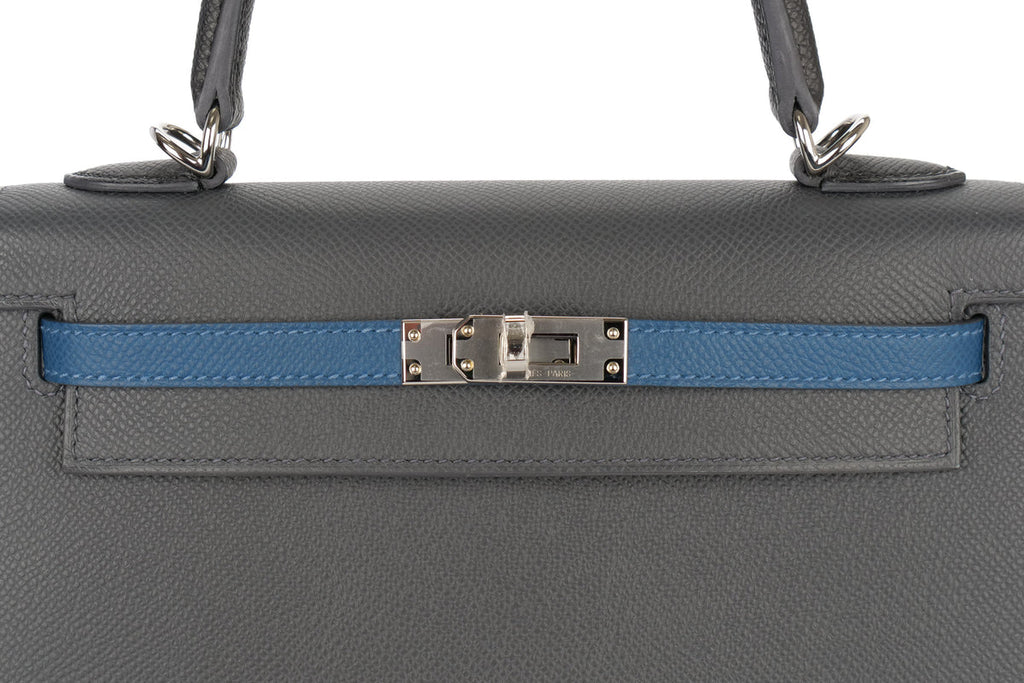 Hermès Kelly 25 Epsom / Tri Colour Ardoise / Black / Deep Blue PHW