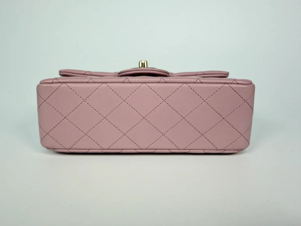 CHANEL MINI RECTANGLE TOP HANDLE IN PINK LAMBSKIN LEATHER WITH PALE GOLD HARDWARE