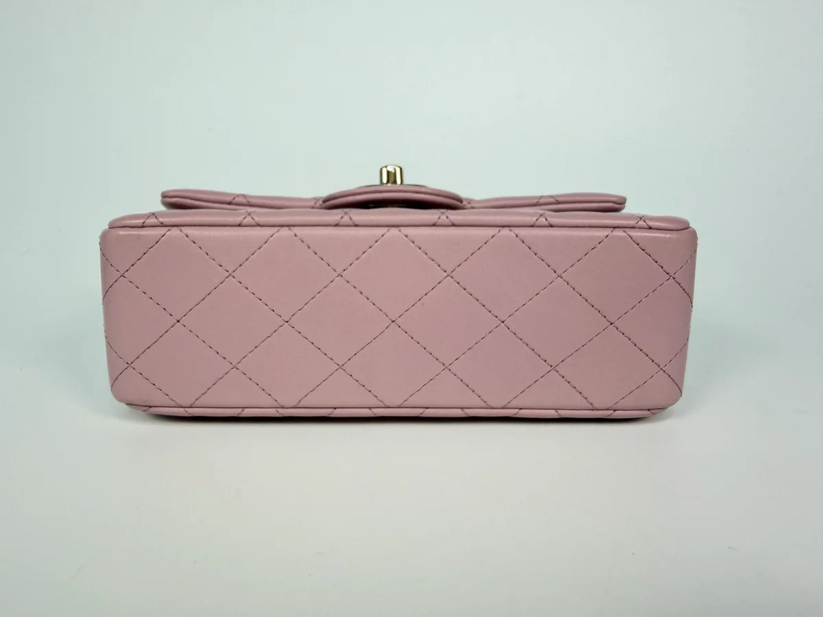 CHANEL MINI RECTANGLE TOP HANDLE IN PINK LAMBSKIN LEATHER WITH PALE GOLD HARDWARE
