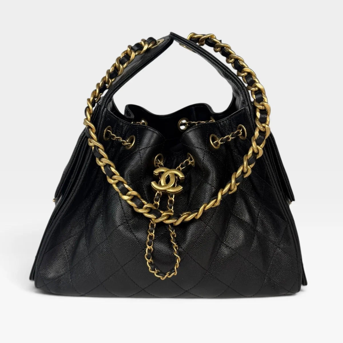 CHANEL 25 SMALL IN BLACK CAVIAR LEATHER WITH GOLD HARDWARE