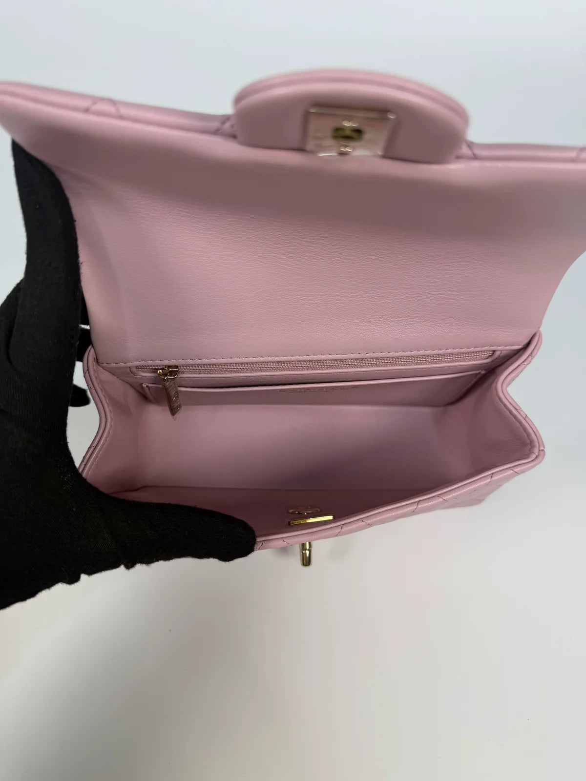 CHANEL MINI RECTANGLE TOP HANDLE IN PINK LAMBSKIN LEATHER WITH PALE GOLD HARDWARE
