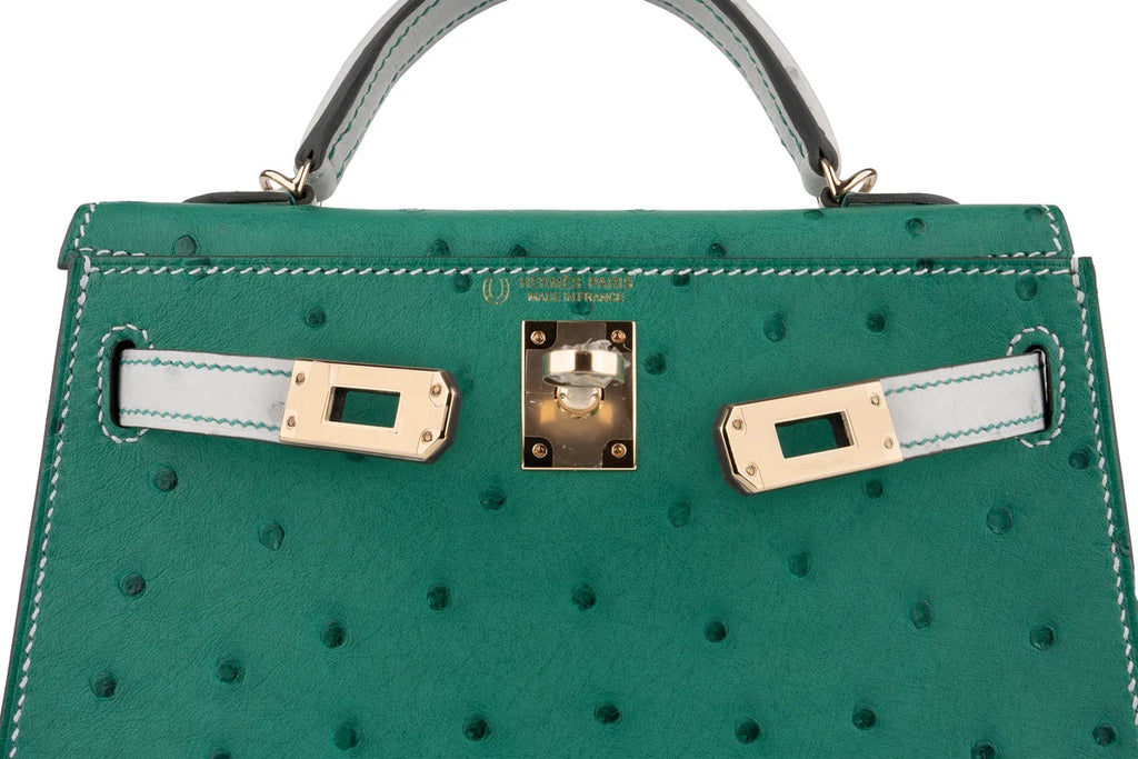 Hermès Mini Kelly Ostrich Vert Vertigo / Gris Perle PBHW