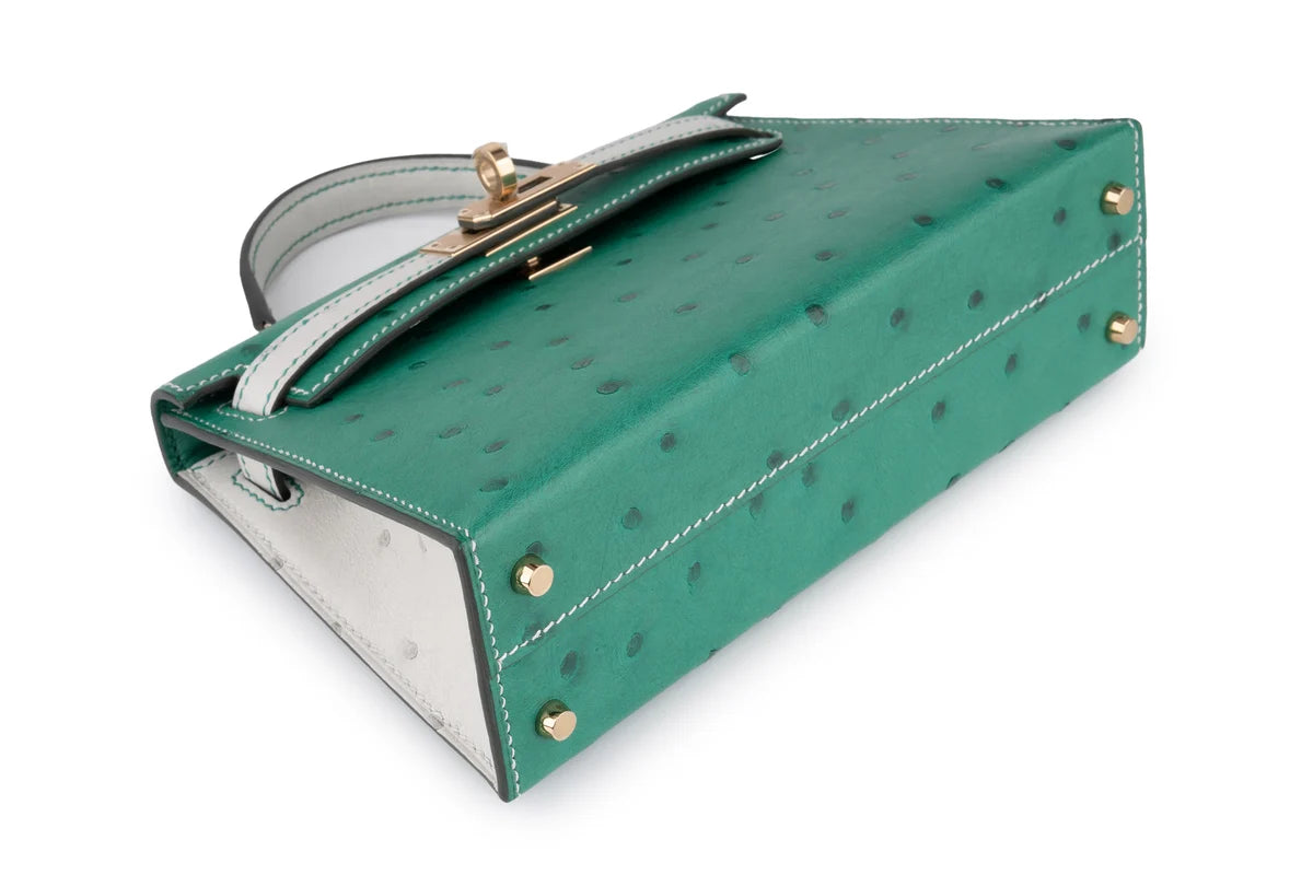 Hermès Mini Kelly Ostrich Vert Vertigo / Gris Perle PBHW