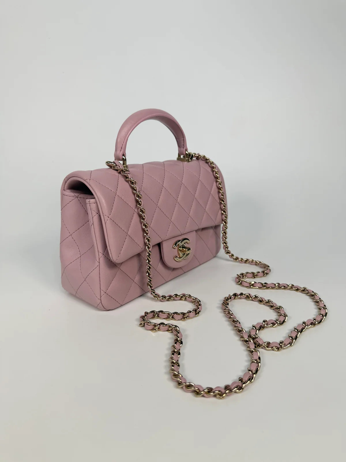 CHANEL MINI RECTANGLE TOP HANDLE IN PINK LAMBSKIN LEATHER WITH PALE GOLD HARDWARE