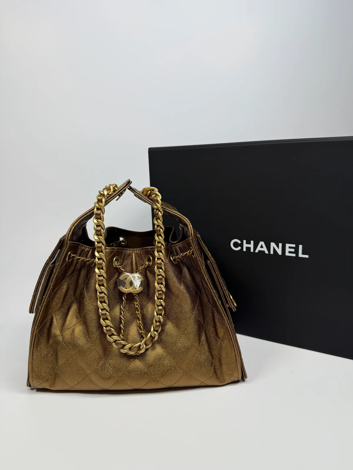 CHANEL 25 SMALL IN METALLIC BRONZE CAVIAR LEATHER WITH GHW