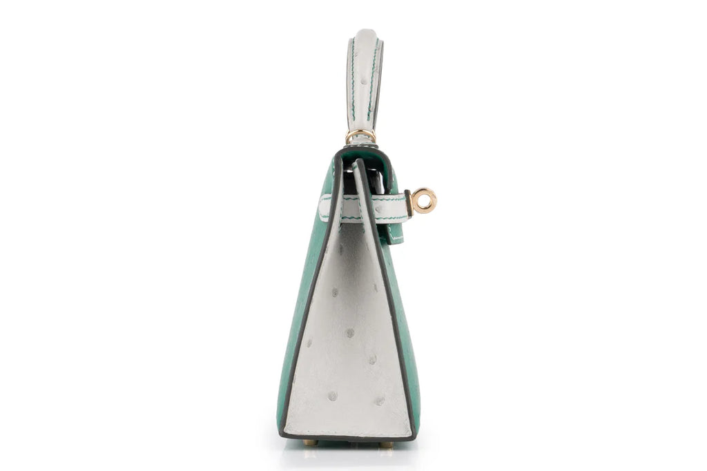 Hermès Mini Kelly Ostrich Vert Vertigo / Gris Perle PBHW