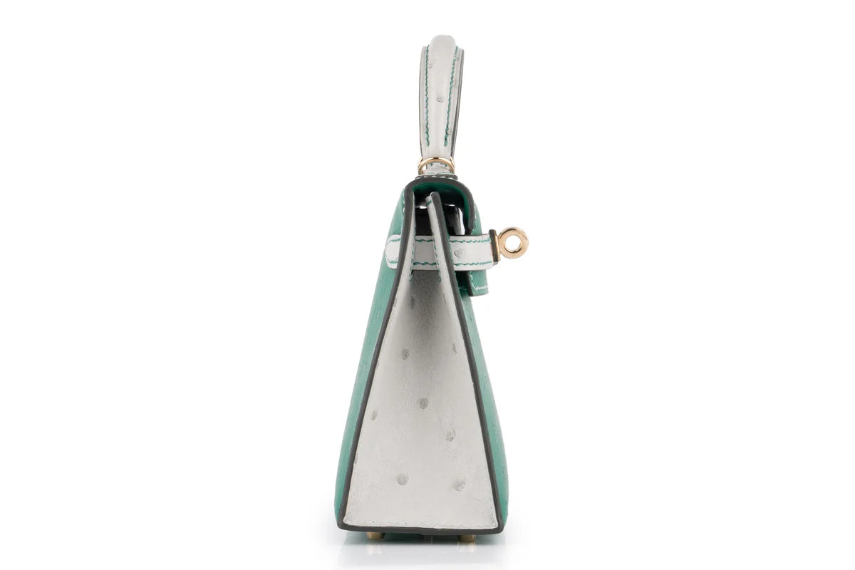 Hermès Mini Kelly Ostrich Vert Vertigo / Gris Perle PBHW