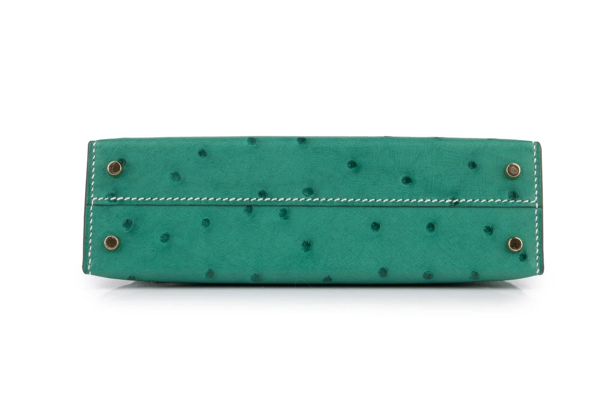 Hermès Mini Kelly Ostrich Vert Vertigo / Gris Perle PBHW