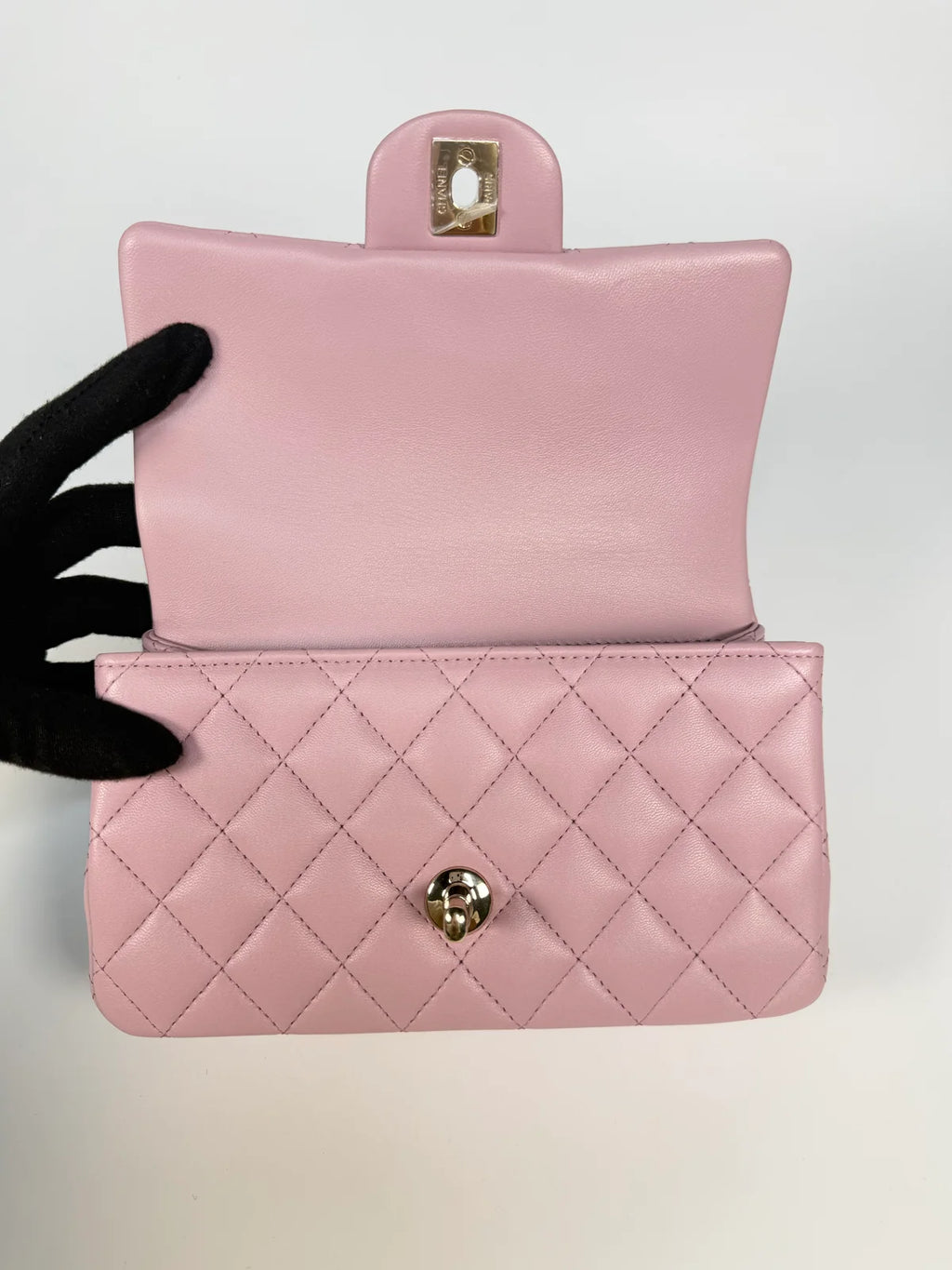 CHANEL MINI RECTANGLE TOP HANDLE IN PINK LAMBSKIN LEATHER WITH PALE GOLD HARDWARE