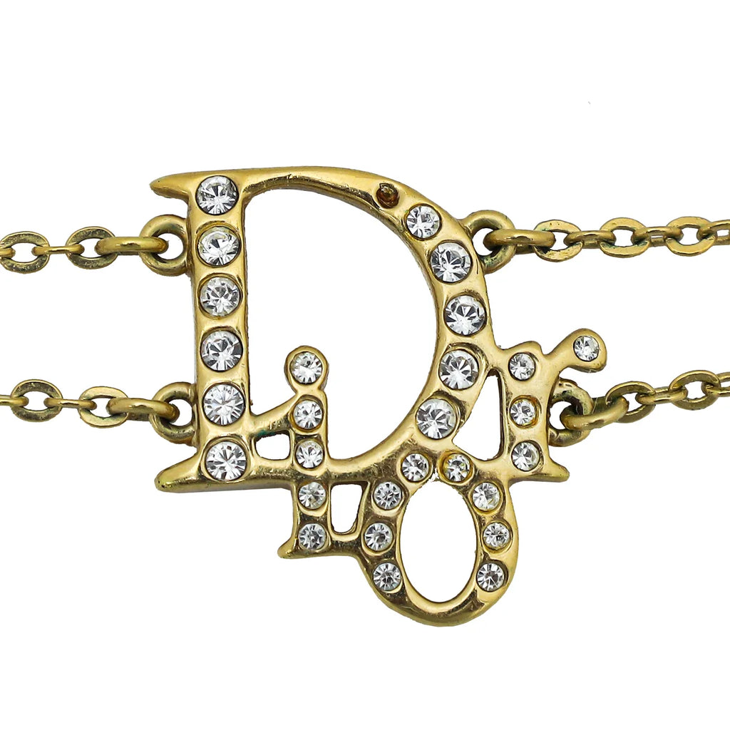 Christian Dior Gold Finish Logo w/Crystal Double Chain Bracelet