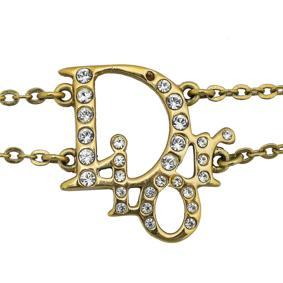 Christian Dior Gold Finish Logo w/Crystal Double Chain Bracelet