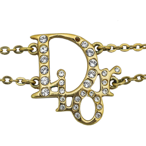 Christian Dior Gold Finish Logo w/Crystal Double Chain Bracelet