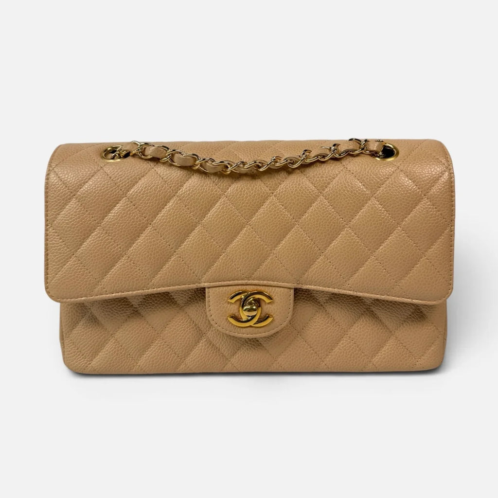 CHANEL MEDIUM CLASSIC FLAP IN BEIGE CAVIAR LEATHER WITH GOLD HARDWARE