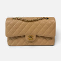 CHANEL MEDIUM CLASSIC FLAP IN BEIGE CAVIAR LEATHER WITH GOLD HARDWARE